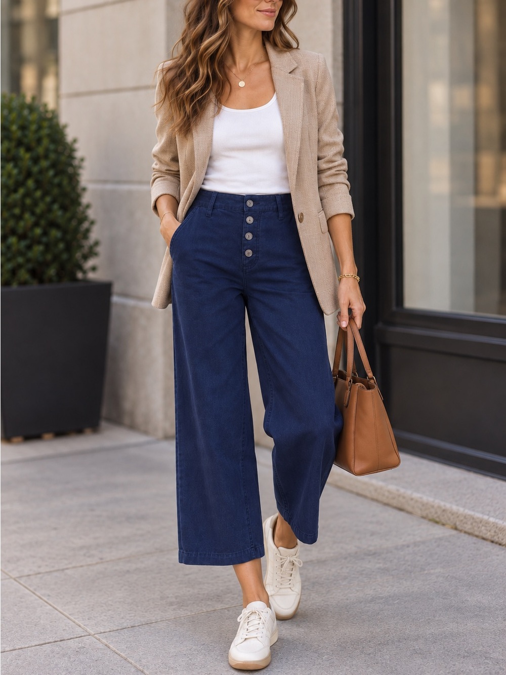 J.Crew Navy Wide Leg High Rise Cropped Button Front Cotton Pants
